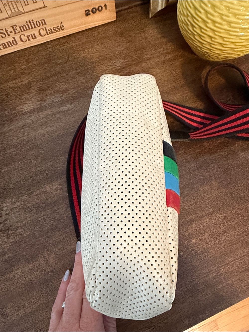 Cream Crossbody Bag with Multicolor Stripe and Red-Black Webbing Strap - Picture 5 of 9